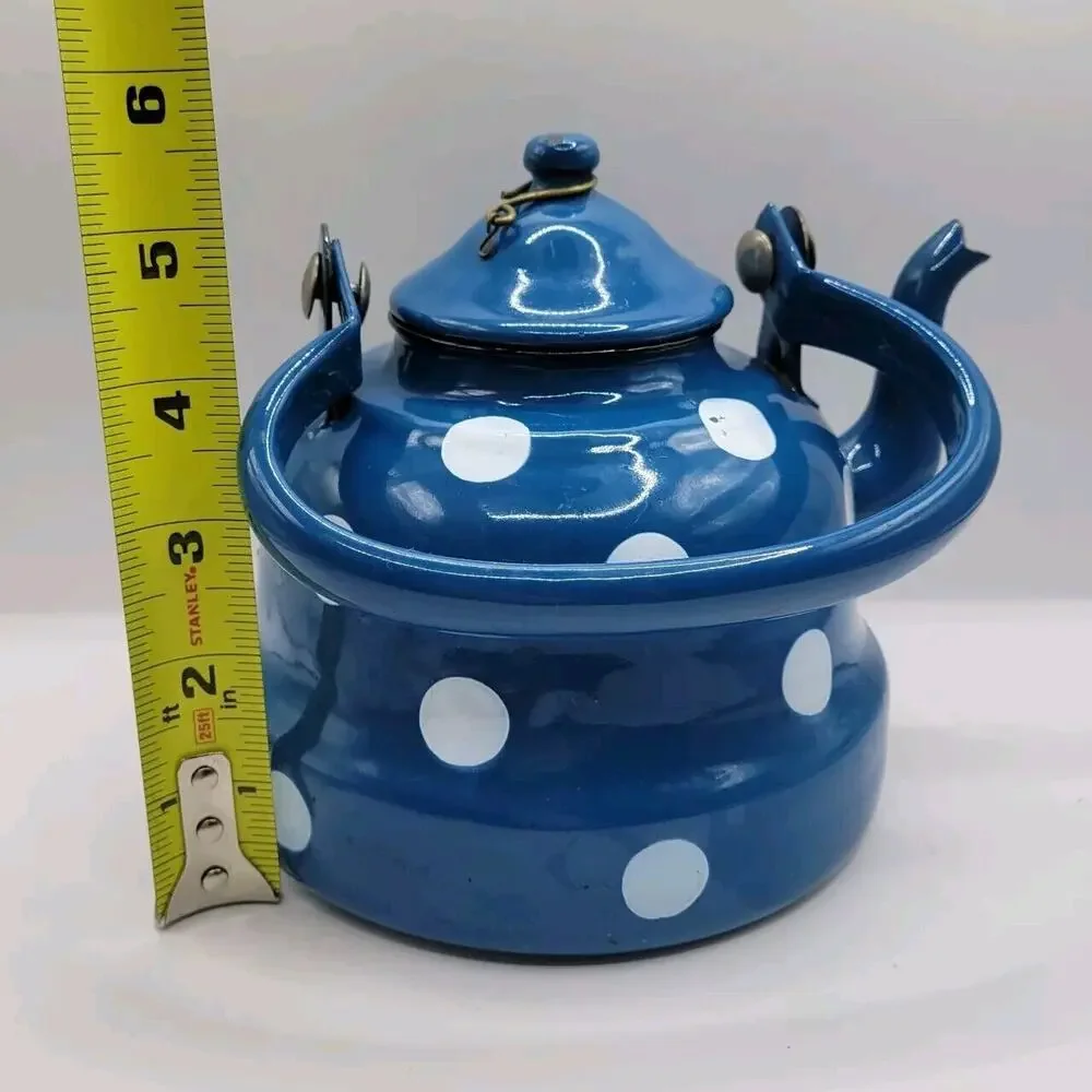Vintage Graniteware Blue & White Polka Dots Enamel Gooseneck Swing Handle Teapot